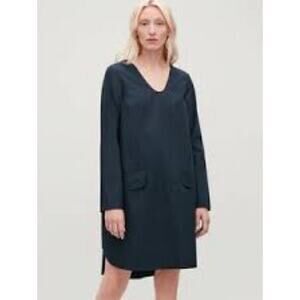 COS Long Sleeve Dress Cotton Poplin Pockets Relaxed Navy EU 36 US 4 Minimalist